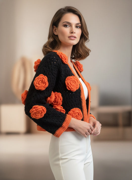 Hand Crocheted Bolero Jacket with Orange Rose motifs