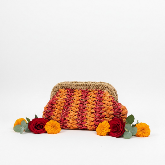 ZD Orange & Red Raffia with Gold Cord Clutch