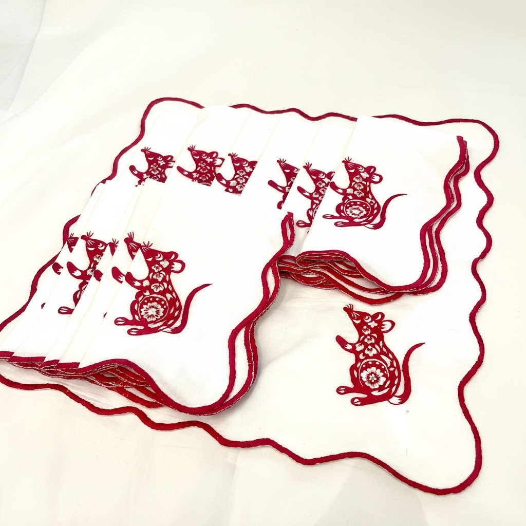 Year of the Rat Napkin Collection-Hand Embroidered with Red Scalloped Edging (Set of 4)