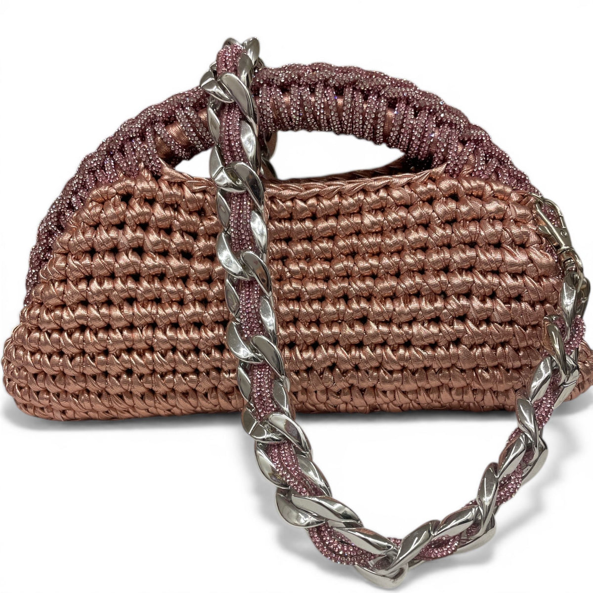 ZD Raseel Rose Gold Clutch With Rhinestone Entwined Shoulder Strap