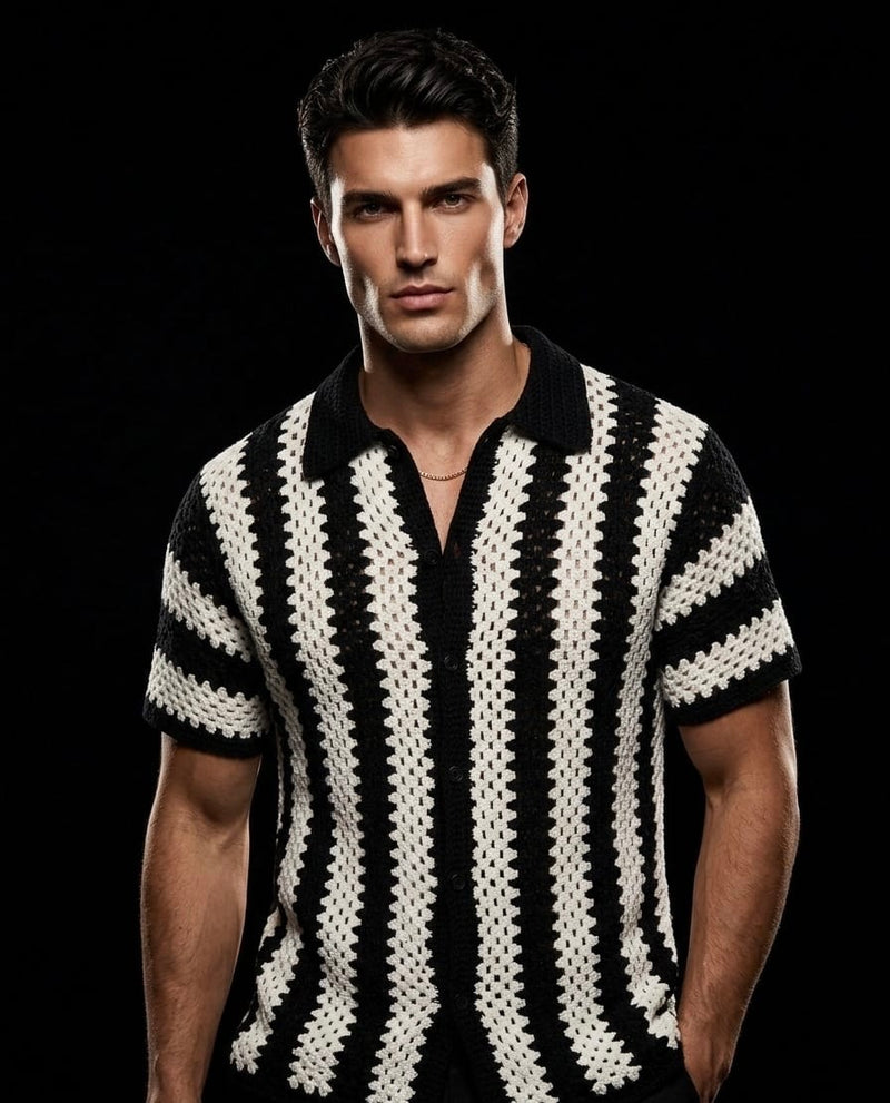 Men's Summer Crochet Shirt in Black & White Stripes