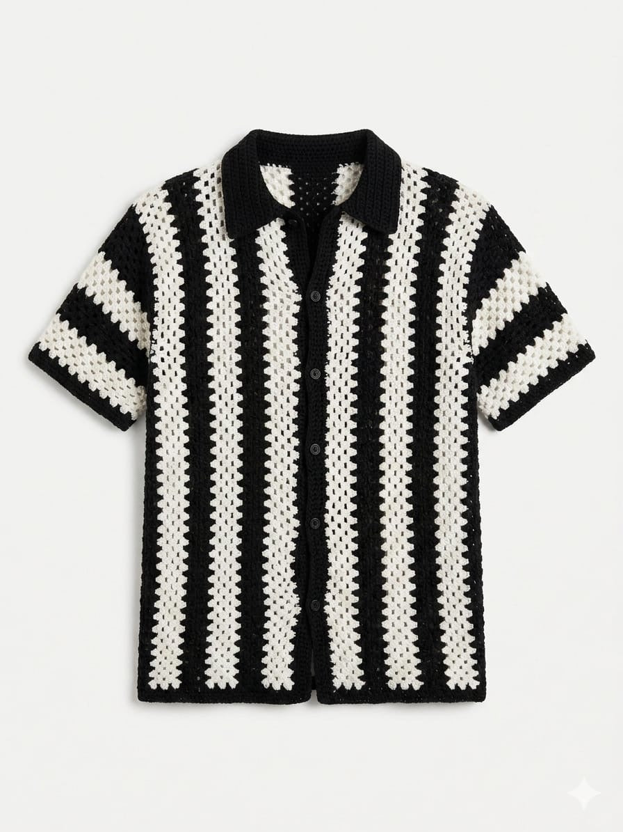 Men's Summer Crochet Shirt in Black & White Stripes