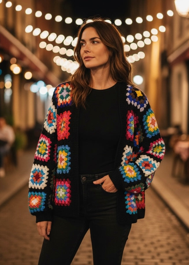 ZD Granny Square Sweater-Handcrafted Multicolor with Black or White Join