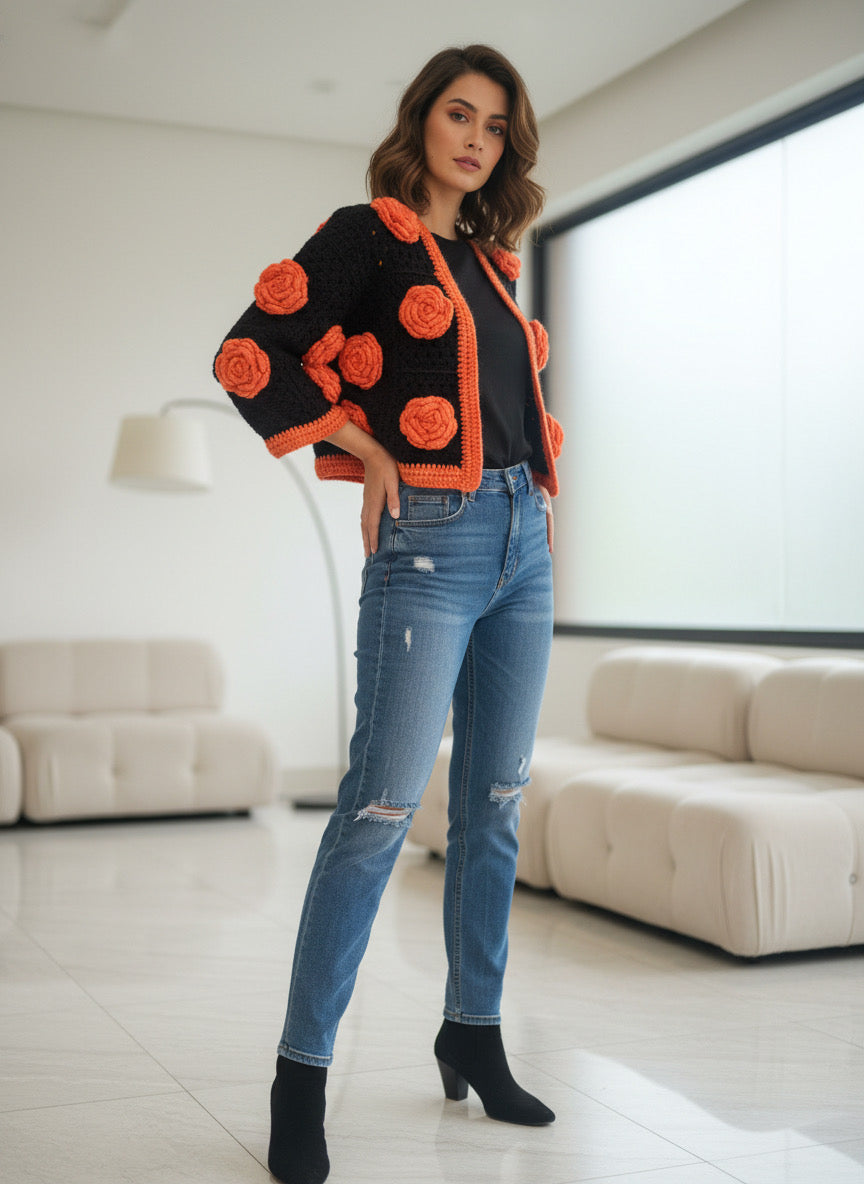 Hand Crocheted Bolero Jacket with Orange Rose motifs