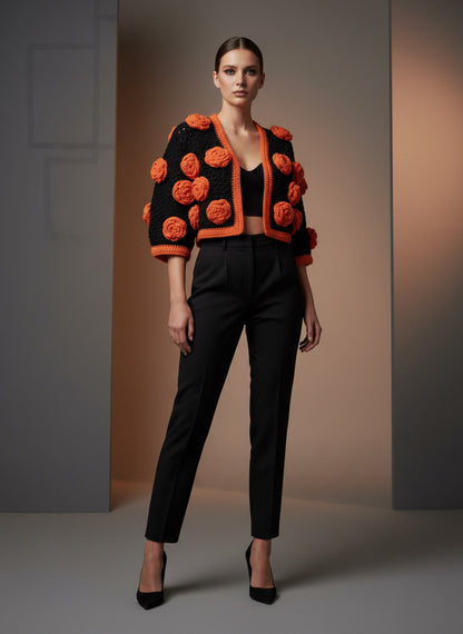 Hand Crocheted Bolero Jacket with Orange Rose motifs