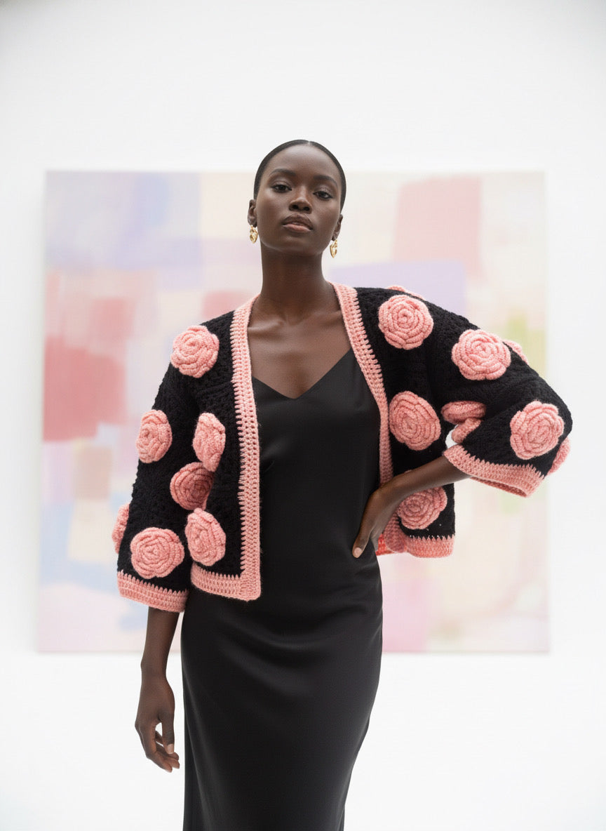 Hand Crocheted Bolero Jacket with Pink Rose motifs
