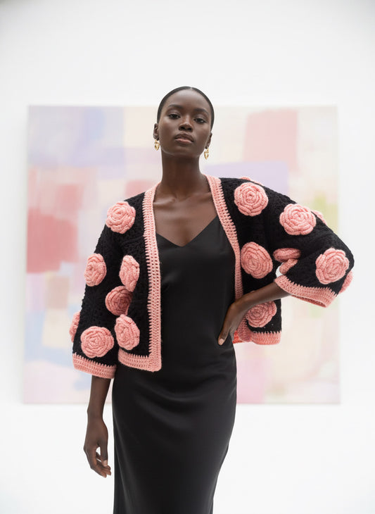 Hand Crocheted Bolero Jacket with Pink Rose motifs