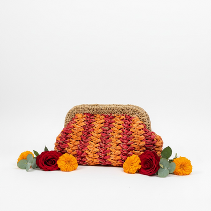 ZD Orange & Red Raffia with Gold Cord Clutch