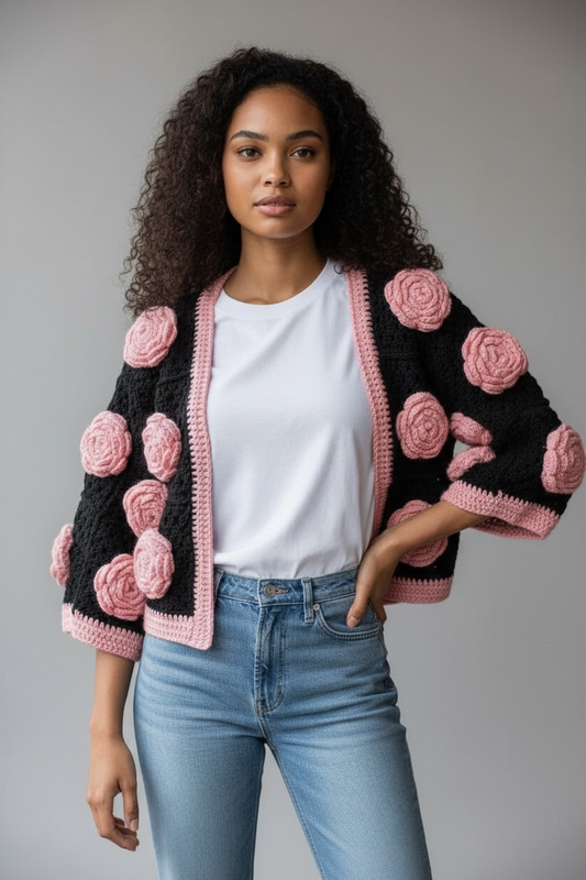 Hand Crocheted Bolero Jacket with Pink Rose motifs