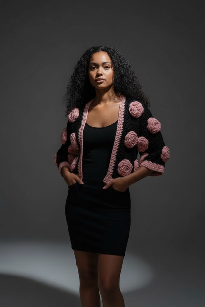 Hand Crocheted Bolero Jacket with Pink Rose motifs