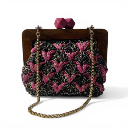 ZD Bois Pink & Black Raffia Clutch