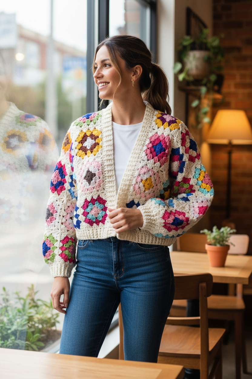 ZD Granny Square Sweater-Handcrafted Multicolor with Black or White Join