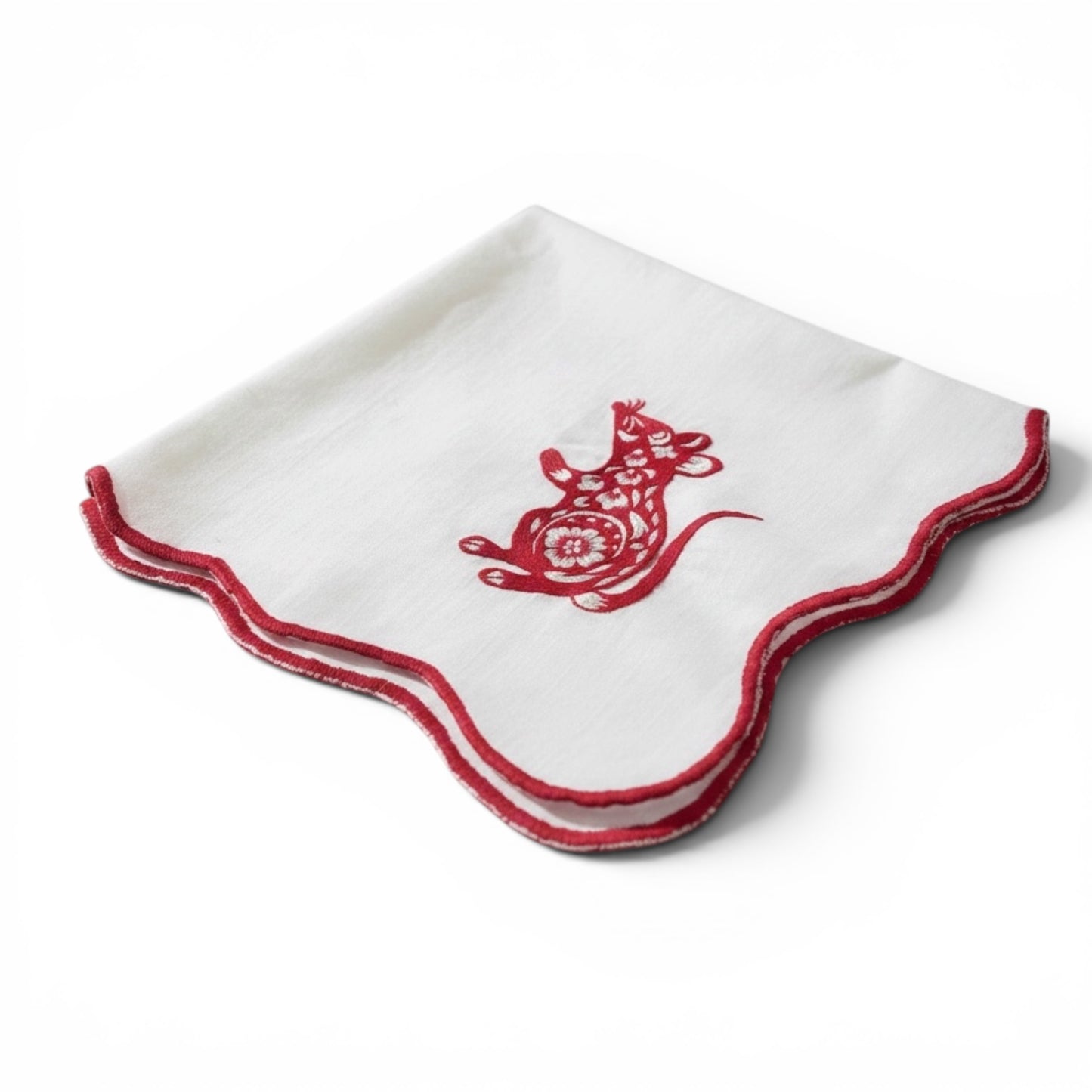 Year of the Rat Napkin Collection-Hand Embroidered with Red Scalloped Edging (Set of 4)