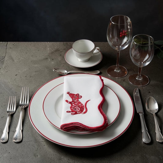 Year of the Rat Napkin Collection-Hand Embroidered with Red Scalloped Edging (Set of 4)