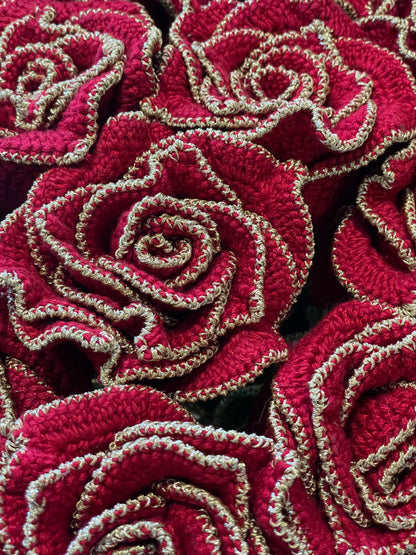 Handmade Crocheted Red Roses (Soft Viscose Yarn with gold edging)