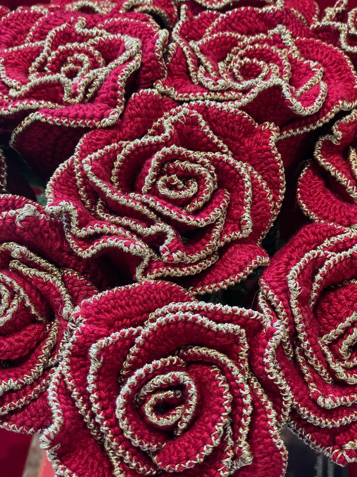 Handmade Crocheted Red Roses (Soft Viscose Yarn with gold edging)