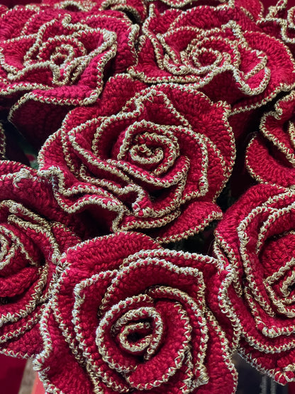 Handmade Crocheted Red Roses (Soft Viscose Yarn with gold edging)