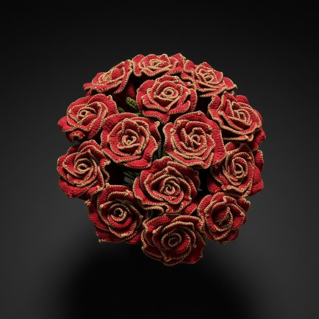 Handmade Crocheted Red Roses (Soft Viscose Yarn with gold edging)